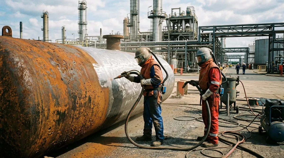Steel surface pre-treatment and preparation operatives working on industrial vessel at oil refinery in the North West