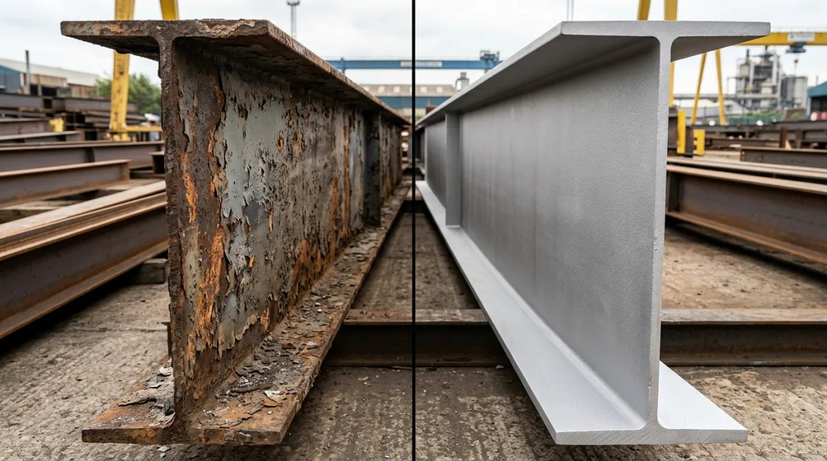 Before and after industrial shot blasting results showing corroded structural steelwork treated to near white metal standard in the North West