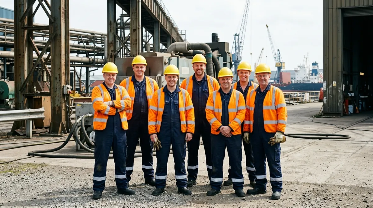 ACS industrial shot blasting and surface preparation crew on site at a heavy industrial facility in the North West of England