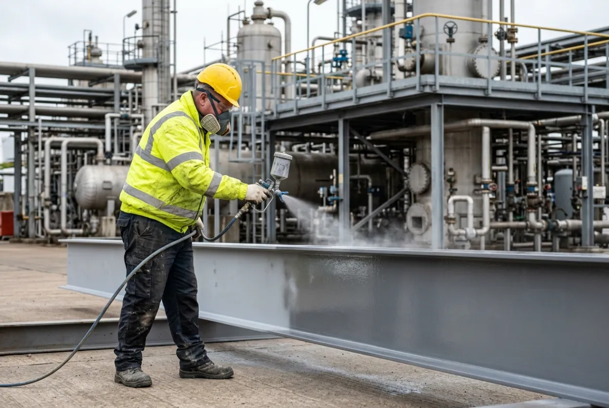 Industrial operative applying high-performance protective coating system to structural steelwork at a petrochemical facility in the North West