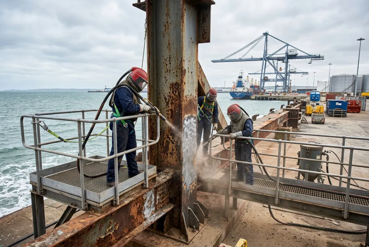 Industrial operatives carrying out abrasive blasting and surface preparation on marine infrastructure at a commercial port in the North West
