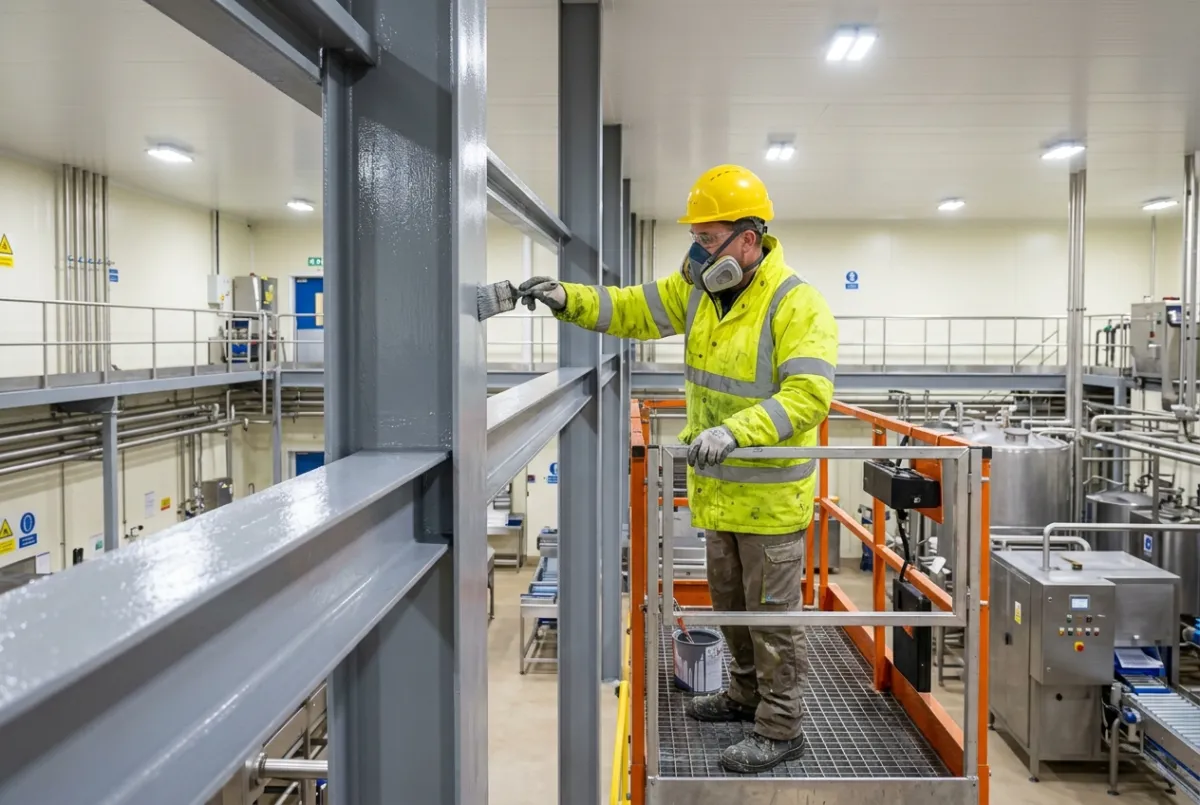 Industrial operative applying corrosion protection coating to structural steelwork at a food processing facility in the North West