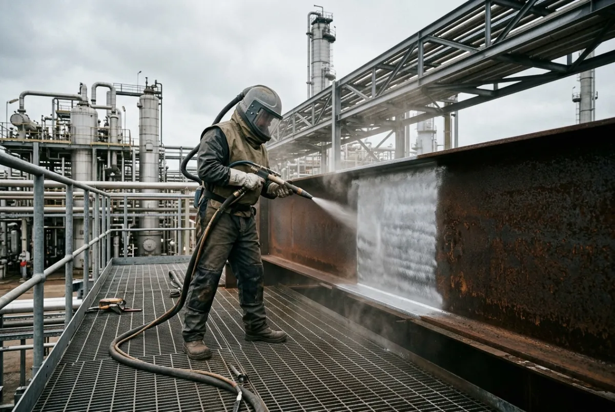 Industrial operative performing abrasive shot blasting on structural steelwork at a petrochemical facility in the North West