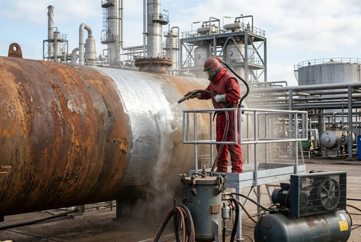 Industrial operative carrying out steel surface pre-treatment and preparation on a large vessel at an oil refinery in the North West