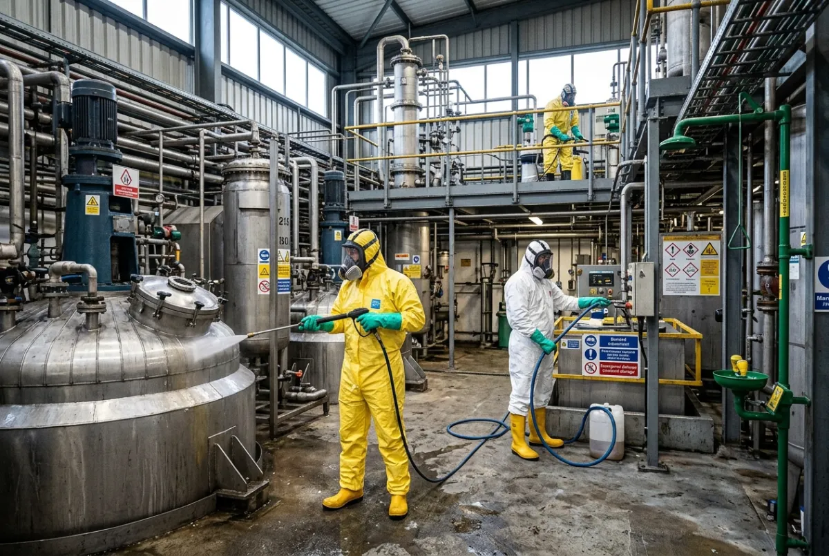 Industrial cleaning for chemical and processing sites in North Wales around process vessels and controlled production areas