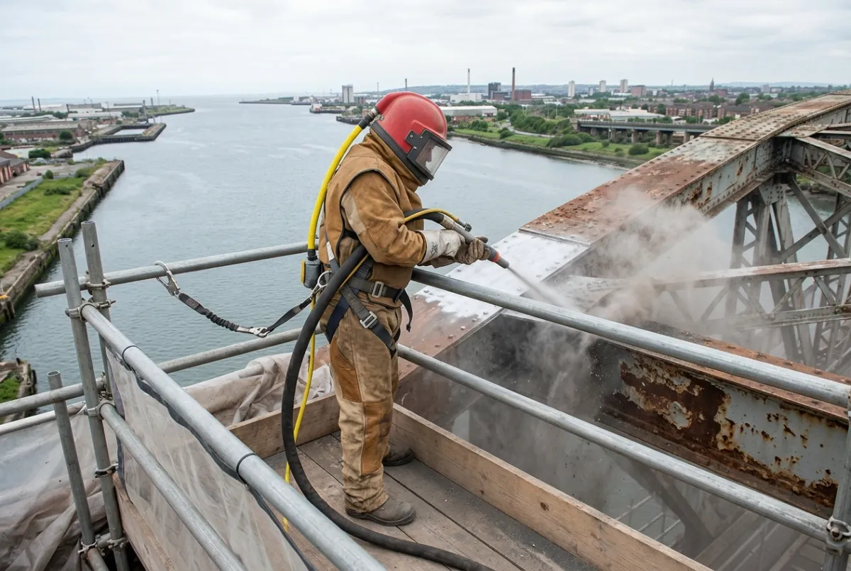 Shot blasting for steel bridges and civil infrastructure in North West England with operatives in full blast PPE on a properly guarded scaffold platform