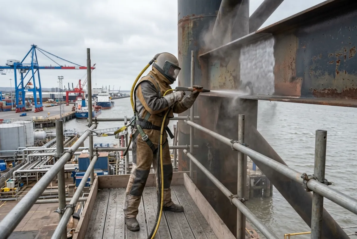 Shot blasting for marine and offshore infrastructure in the North West with operatives in full blast PPE treating large steel marine structures at a port facility
