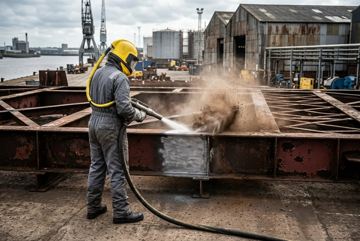 OOperative in full PPE shot blasting steelwork at height in North West England and North Wales