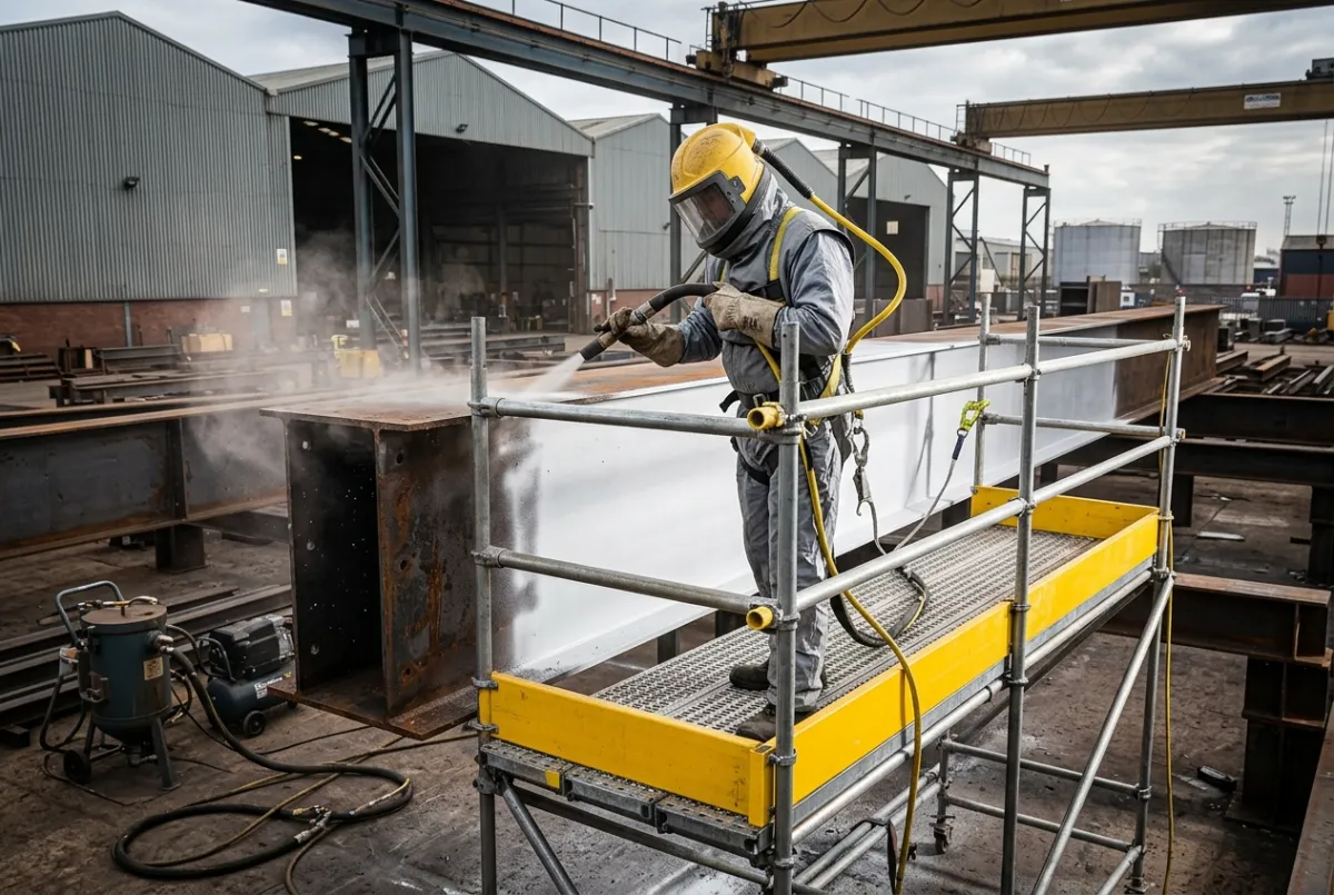Operative in full PPE shot blasting a steel beam at an industrial site in Manchester