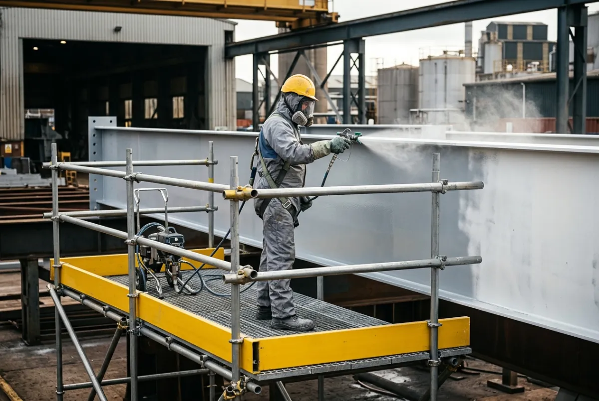 Painter applying protective coating to steel structures at an industrial site in Manchester