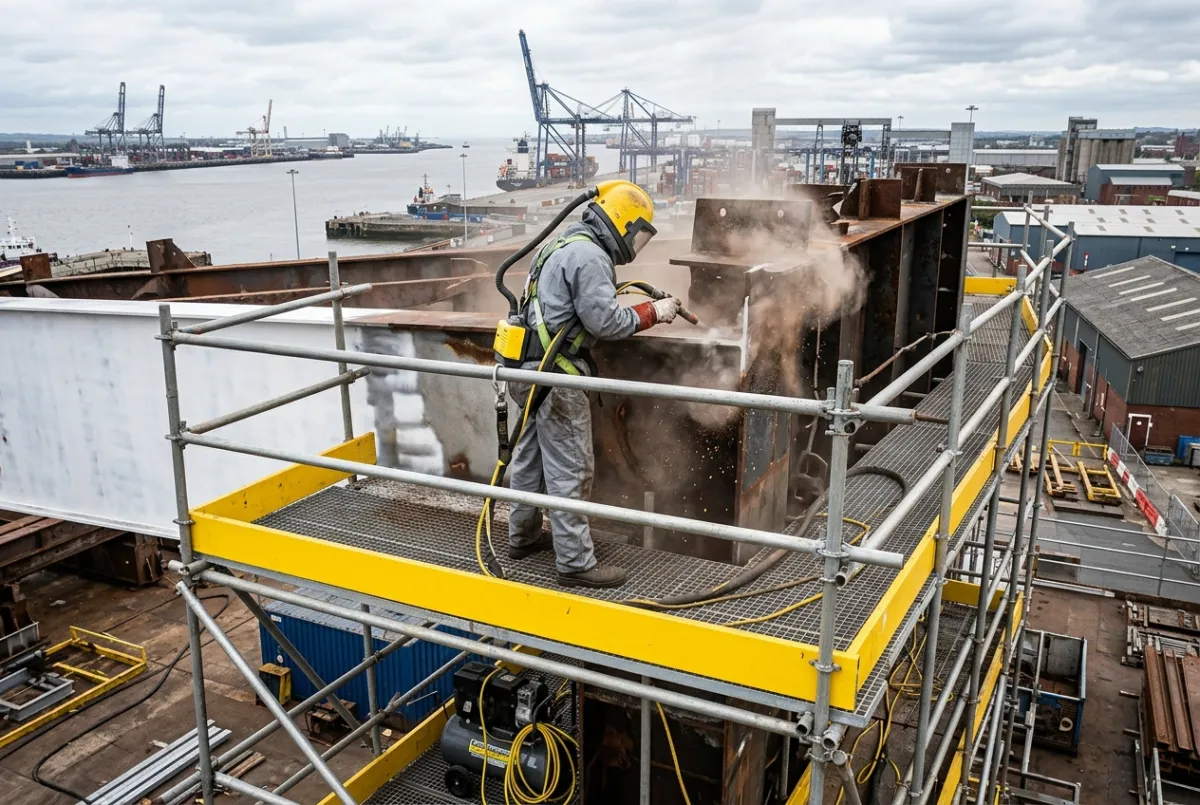 Operative in full PPE shot blasting steelwork at an industrial site in Liverpool and Merseyside