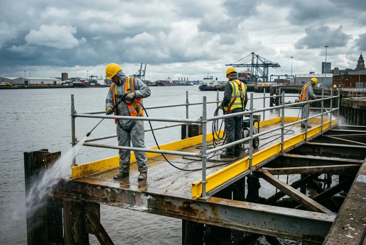 Technician cleaning a dockside structure at a marine facility in Liverpool and Merseyside
