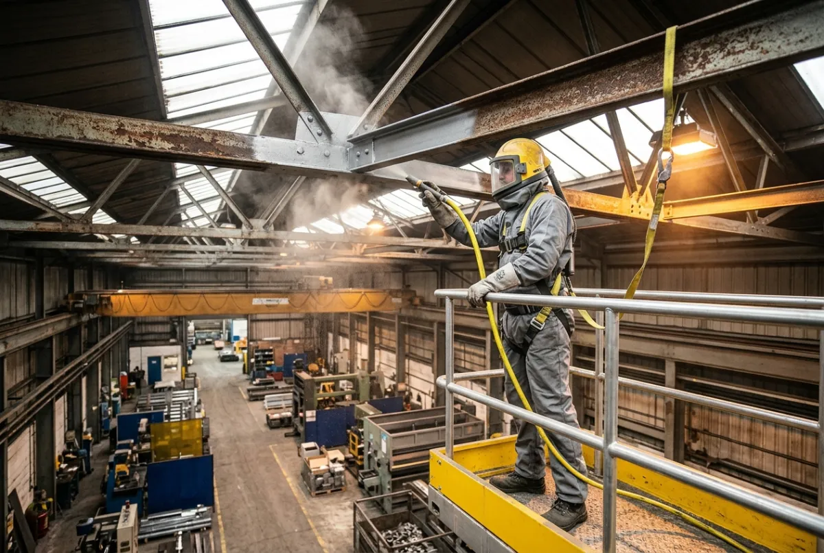 Industrial painters applying protective coatings to elevated steelwork inside an oil and gas processing facility.