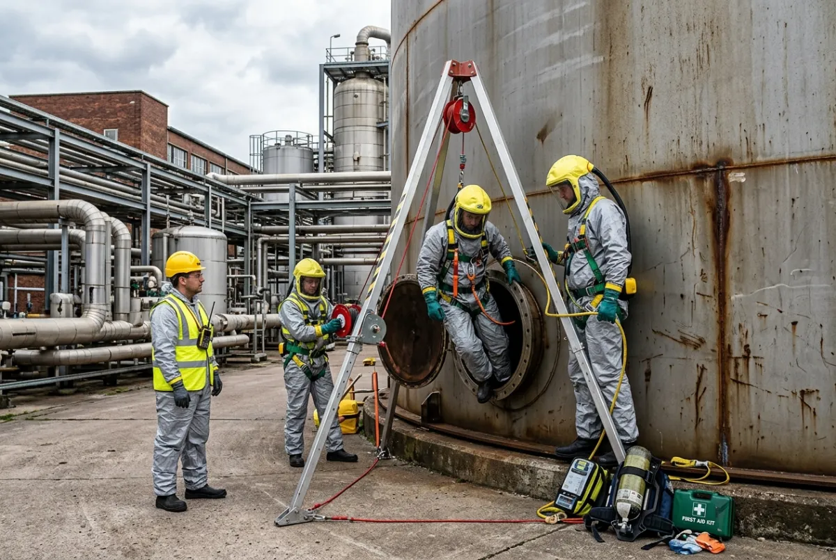 Specialist operatives preparing elevated steelwork for protective coating application within a petrochemical plant.