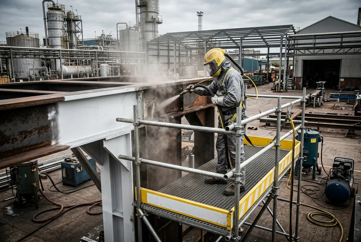 Operative in full PPE shot blasting a steel beam to bare metal at an industrial site in Chester
