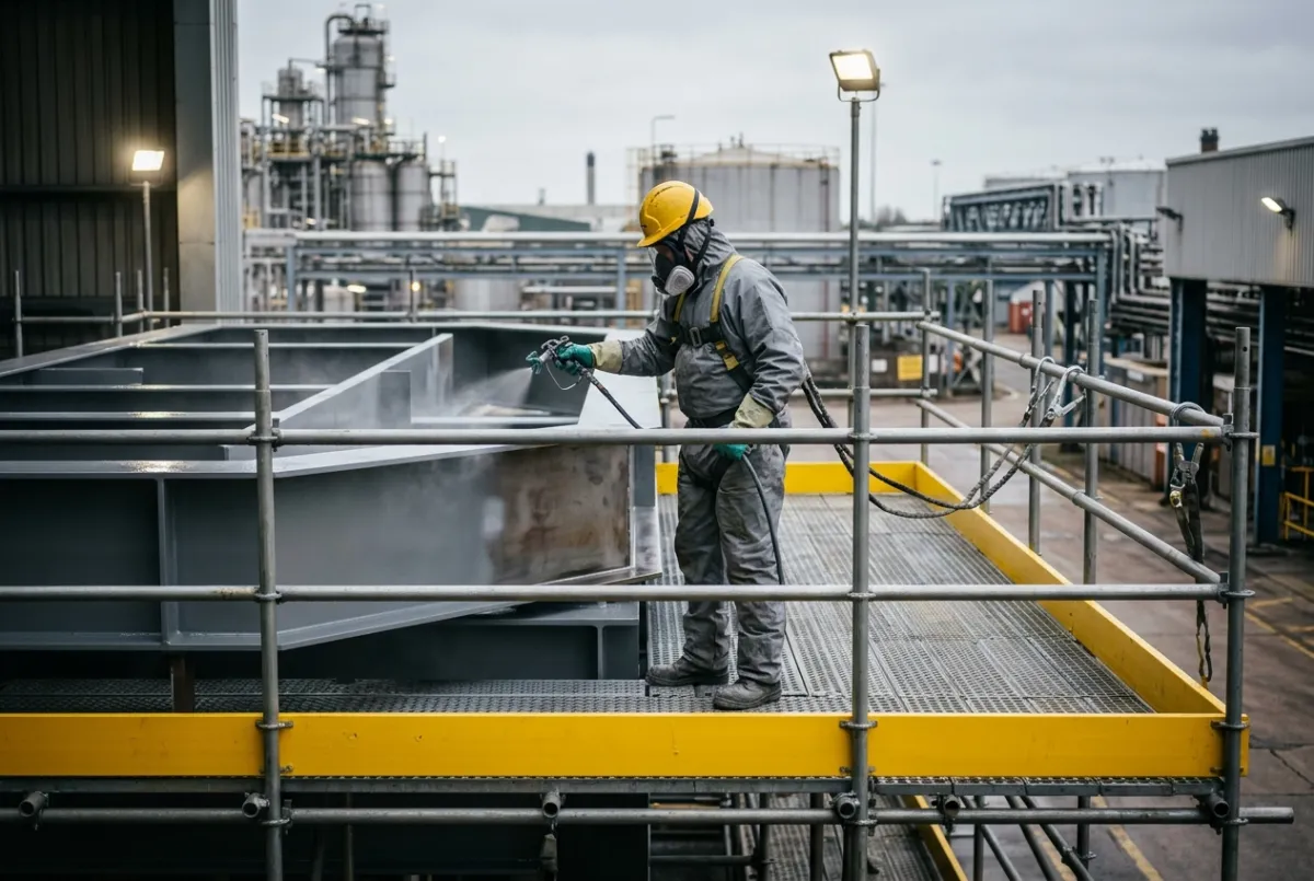 Painter in PPE applying protective coating to industrial steelwork at a Chester and Cheshire facility