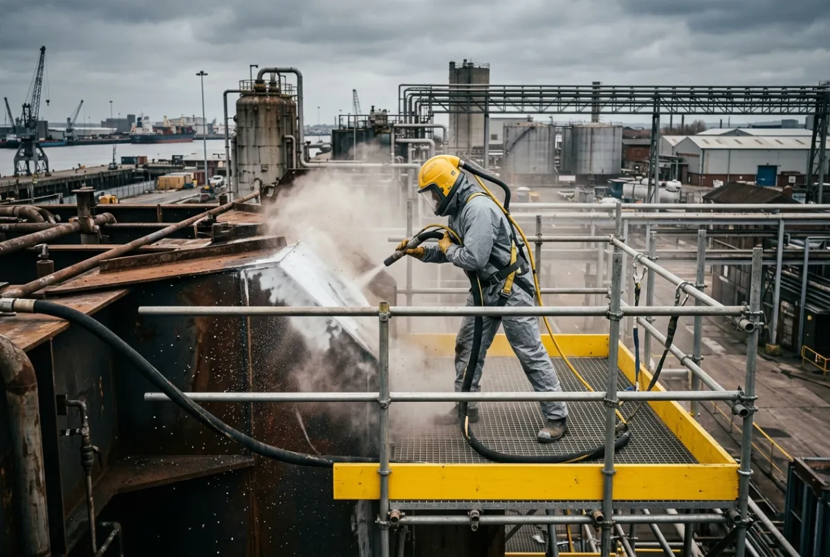 Shot blasting and surface preparation services in North West England on a large steel structure at an industrial facility