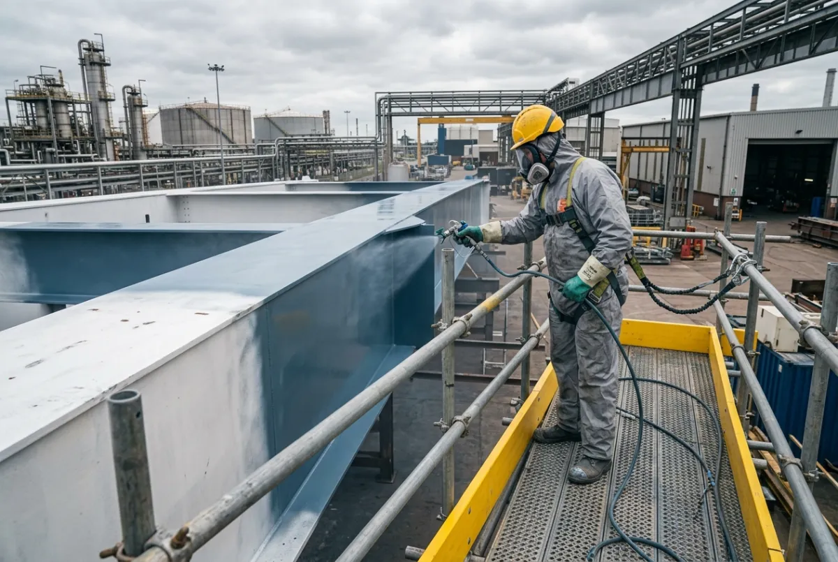Industrial painting and protective coatings being applied to steel structures at a North West England industrial facility