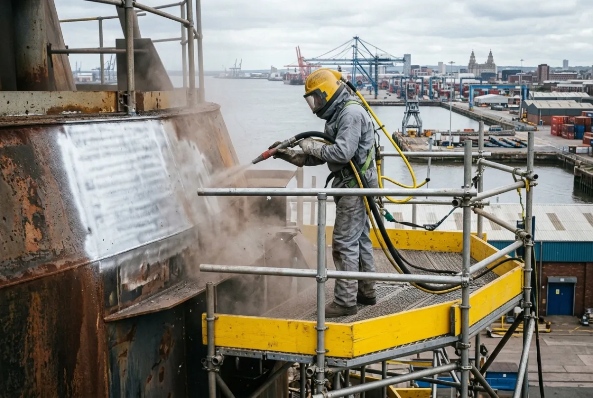 Shot blasting and surface preparation services in Liverpool and Merseyside on a large steel structure at a dockside industrial facility