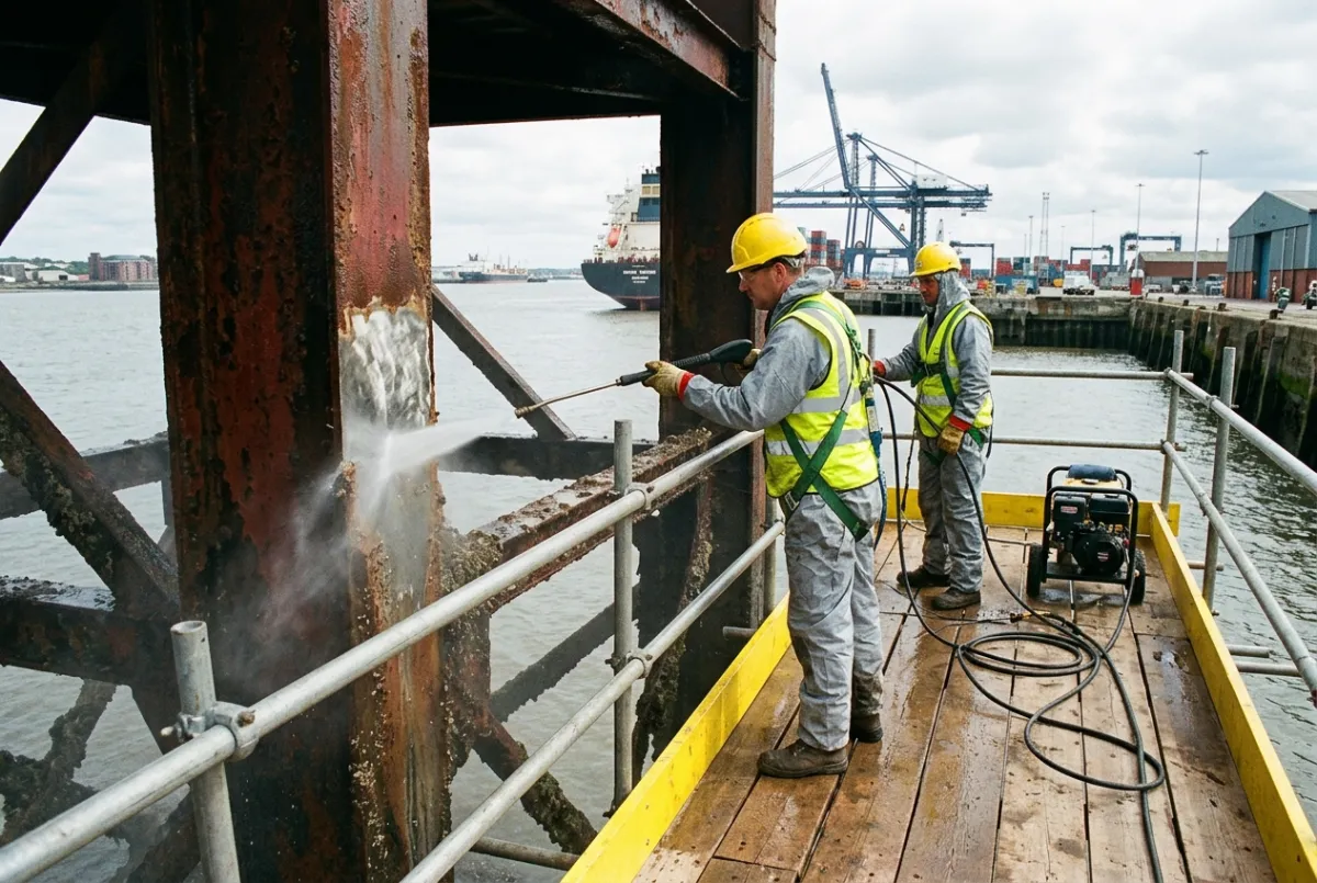 Marine and coastal infrastructure cleaning in Liverpool and Merseyside with operatives working on dockside steelwork along the River Mersey
