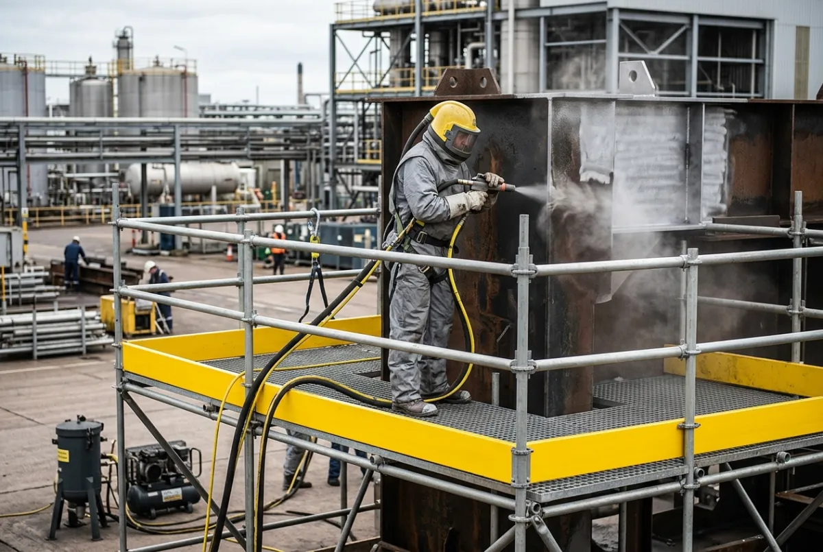 Operative in full PPE shot blasting a steel beam to bare metal at an industrial site in Chester