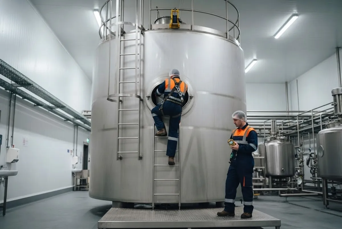 Confined space entry into a processing tank at a food facility, with an attendant monitoring gas levels outside
