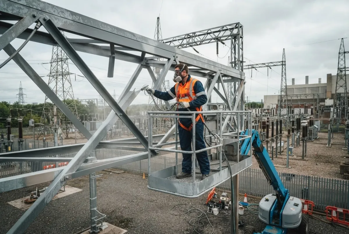 Operative applying corrosion-resistant paint to a power infrastructure gantry from a MEWP with edge protection