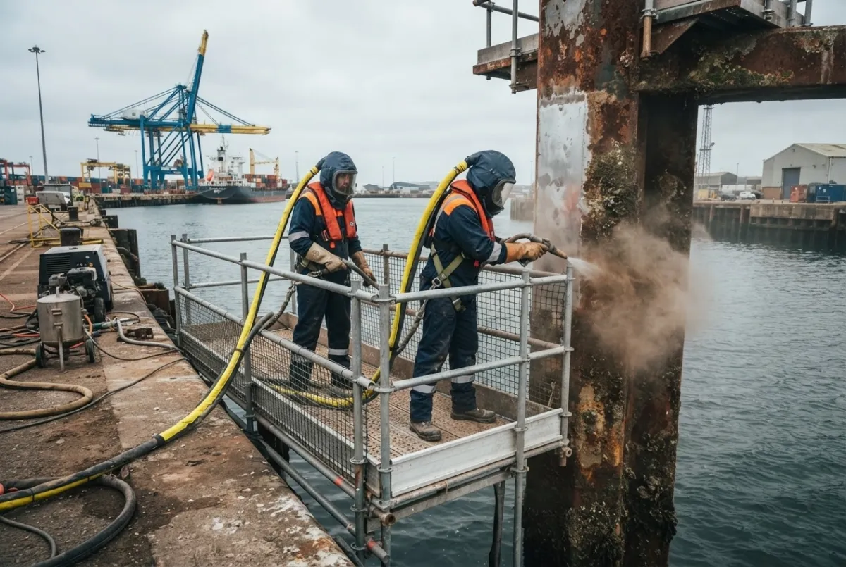 Workers blasting a marine vessel hull section at a dockside facility, wearing supplied-air blast hoods