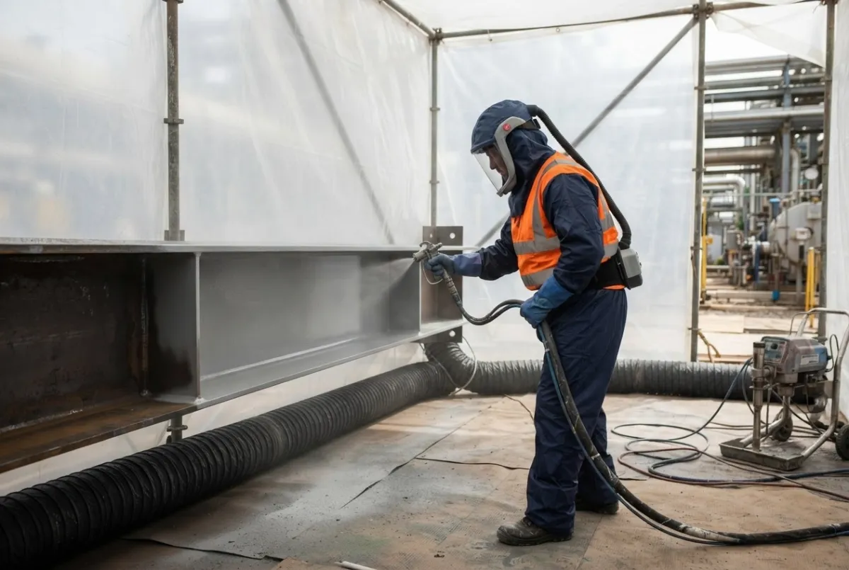 Spray application of protective coating to steelwork inside a containment enclosure at a petrochemical plant