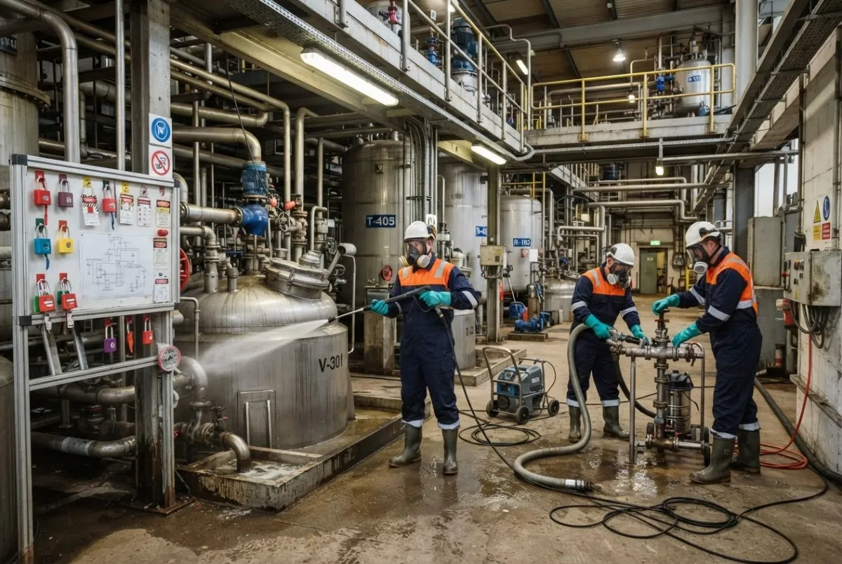 Industrial cleaning team decontaminating plant equipment during a planned shutdown at a waste processing facility