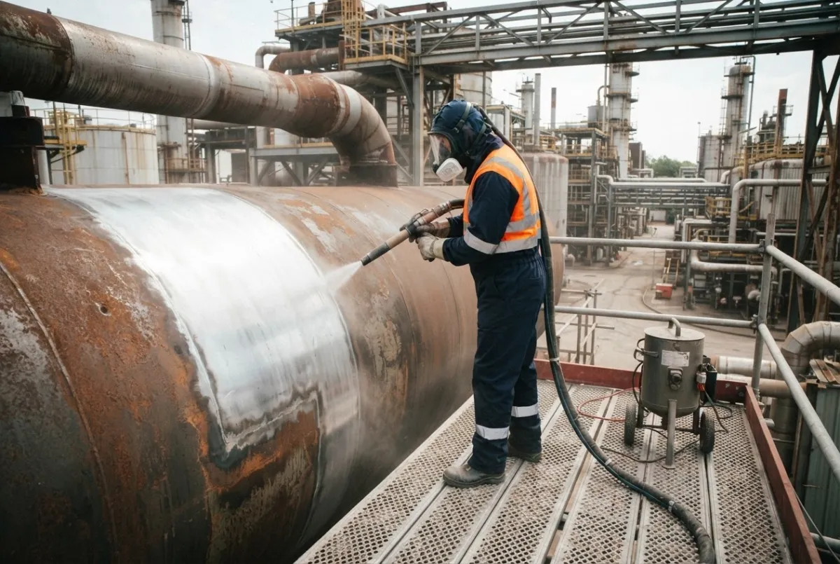 Technician preparing steel pipework surface at an oil refinery ahead of protective coating application