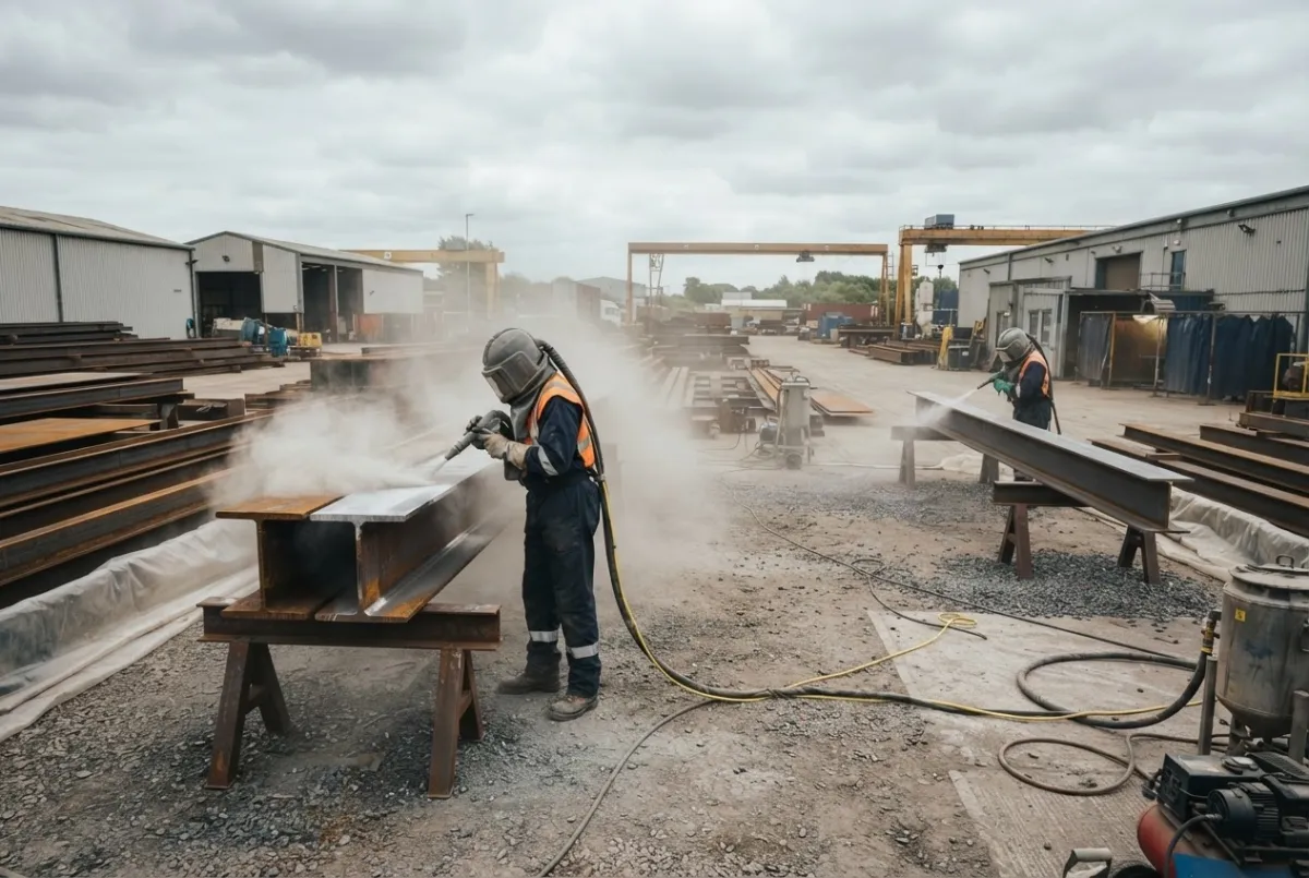 Industrial workers abrasive shot blasting structural steel beams at a fabrication yard, wearing full blast PPE