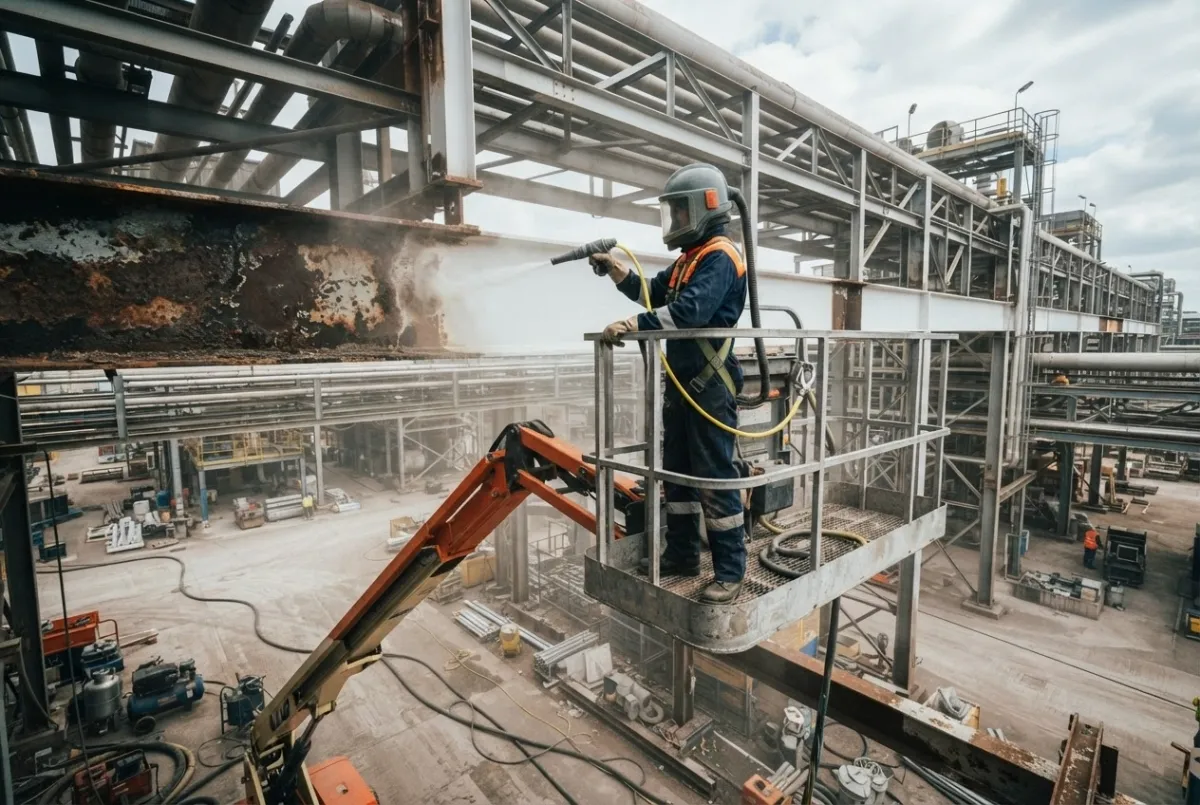 Operative preparing an elevated steel gantry surface from a MEWP, harnessed with full edge protection