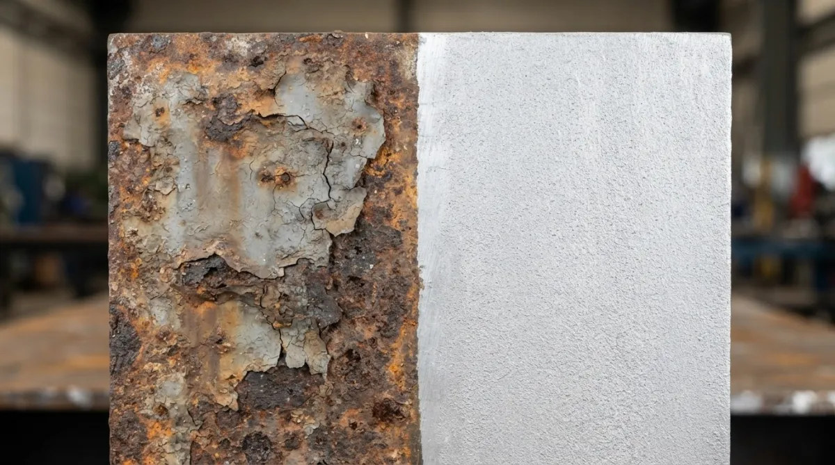 Before and after comparison of corroded steel restored to a clean blast profile through abrasive shot blasting