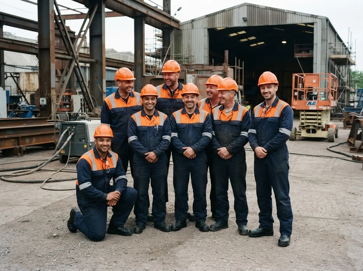 Team of industrial shot blasting operatives in matching PPE gathered on-site during an active project