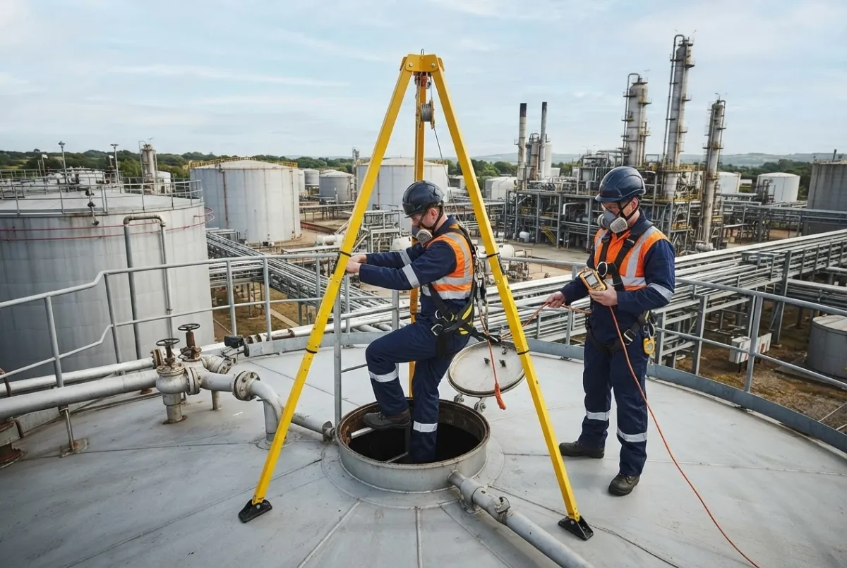 Operative descending into a storage tank on a harness while an attendant monitors gas levels in the UK