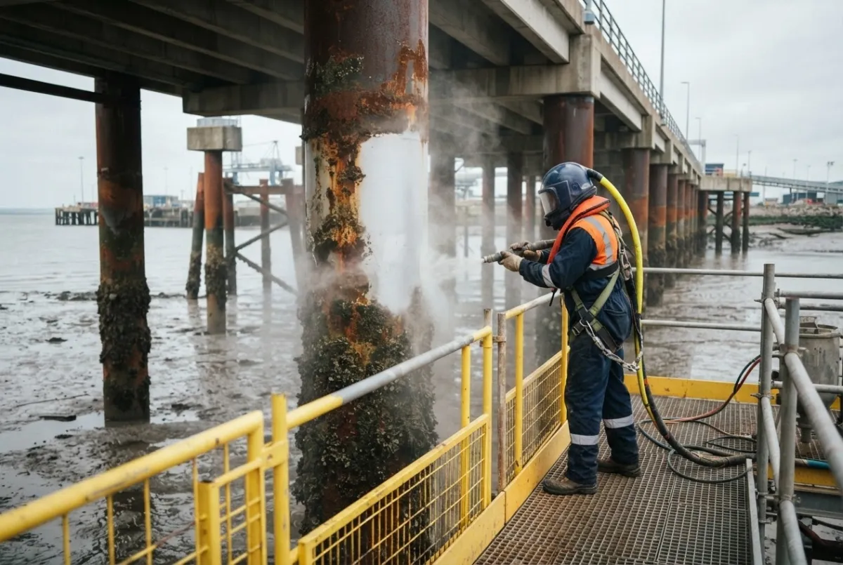 Operative preparing a corroded steel jetty pile in the splash zone at a UK coastal site