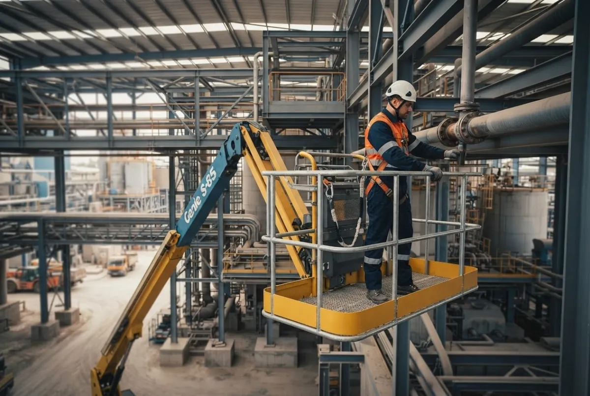 Operative working from a MEWP with full edge protection at height on a UK industrial structure