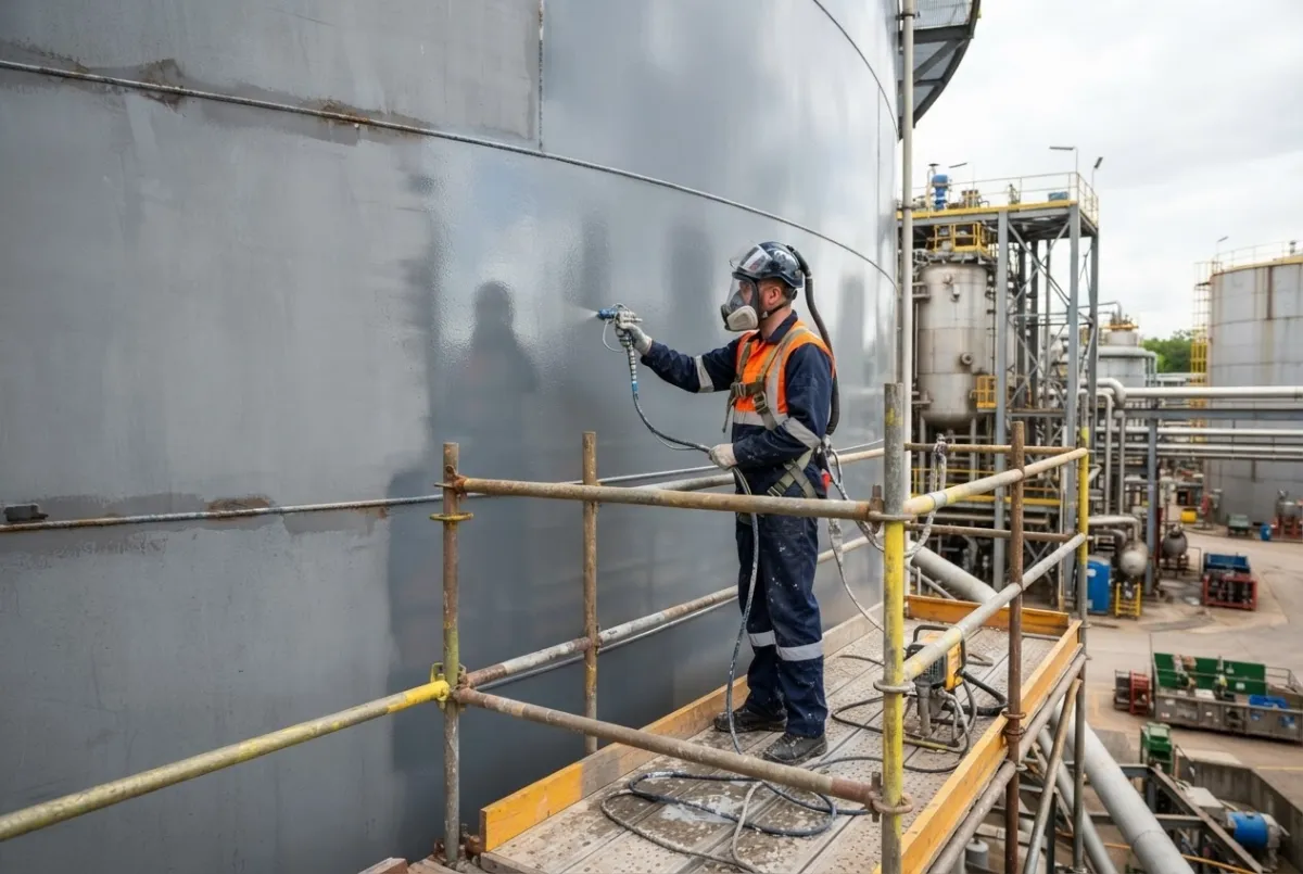 Operative spray-applying a protective coating to a steel structure on a UK industrial site