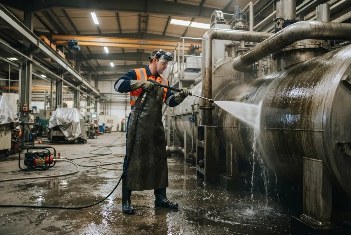 Operative pressure washing factory plant equipment during a planned shutdown in the UK