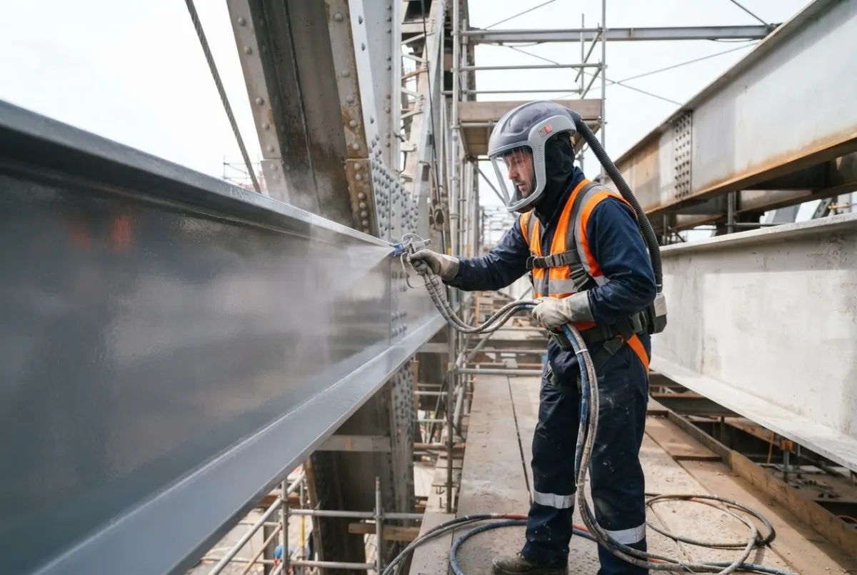 Operative roller-painting a steel storage tank from scaffold at a UK industrial plant