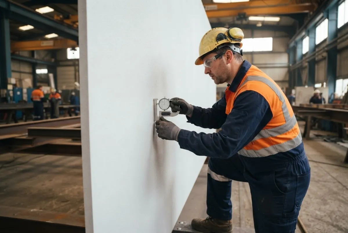 Technician checking a blast-cleaned steel surface with a profile gauge ahead of coating in the UK