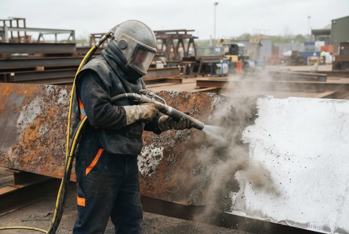Operative abrasive blasting a corroded steel plate back to bare metal on a UK industrial site