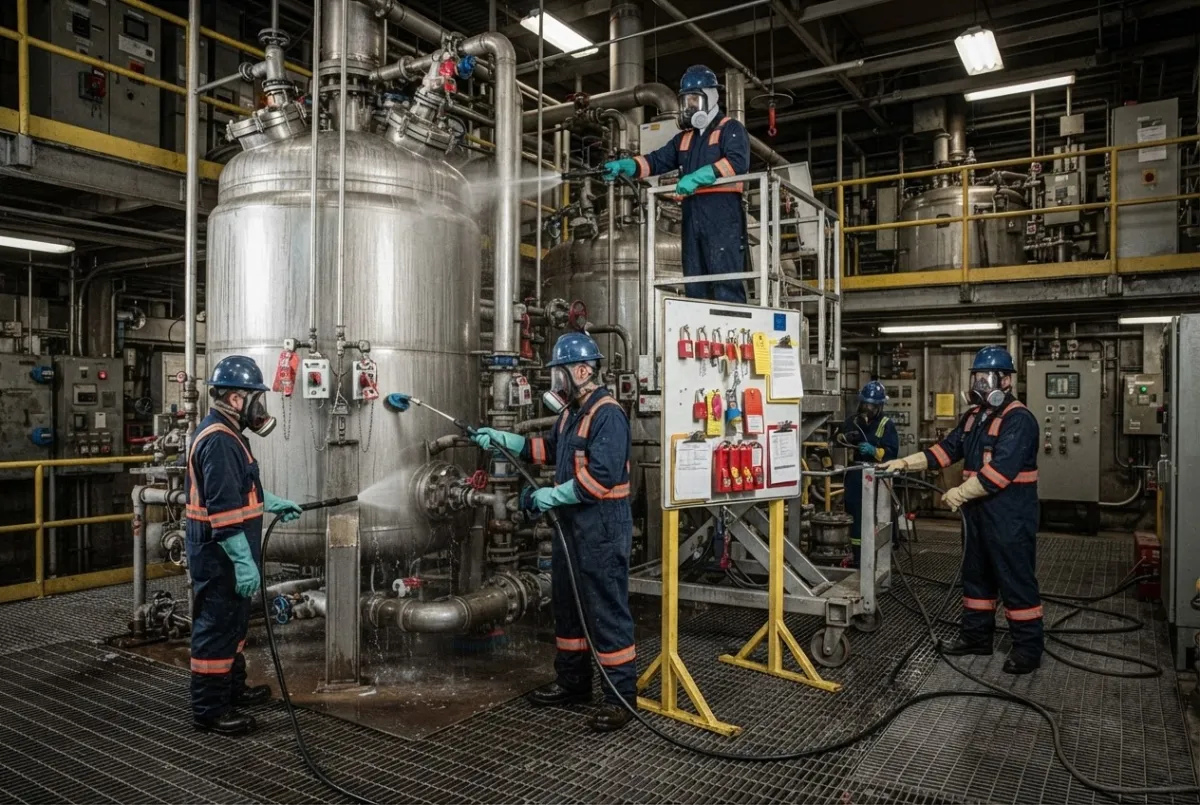 Industrial cleaning team decontaminating plant equipment during a planned shutdown at a waste processing facility