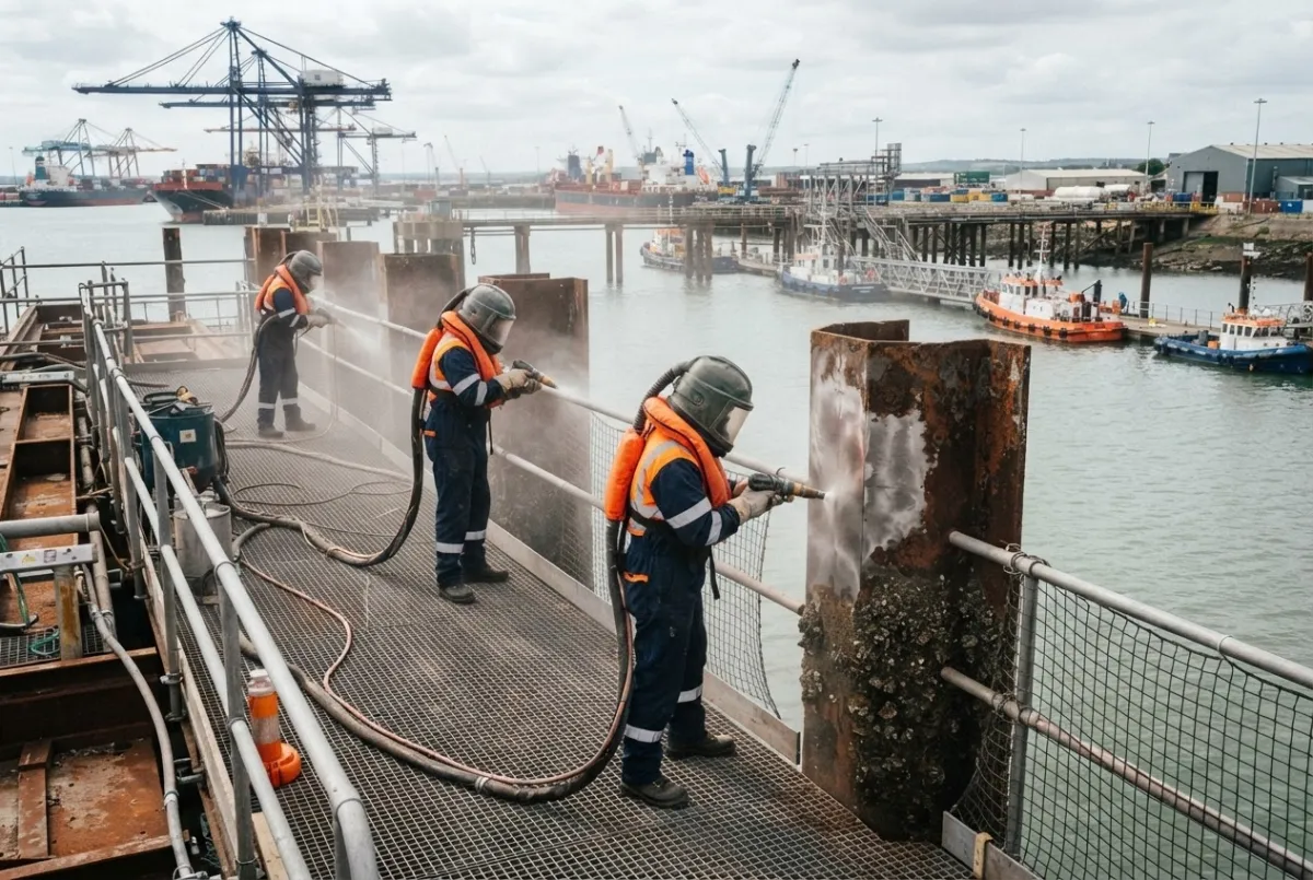 Workers blasting a dockside jetty structure at a Tees estuary port facility, wearing supplied-air blast hoods