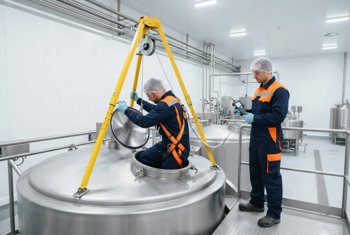 Confined space entry into a processing tank at a food facility, with an attendant monitoring gas levels outside