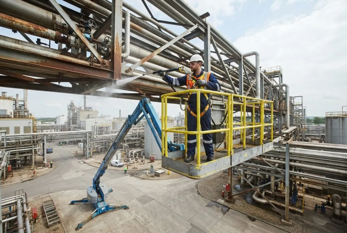 Operative preparing an elevated steel gantry surface from a MEWP, harnessed with full edge protection