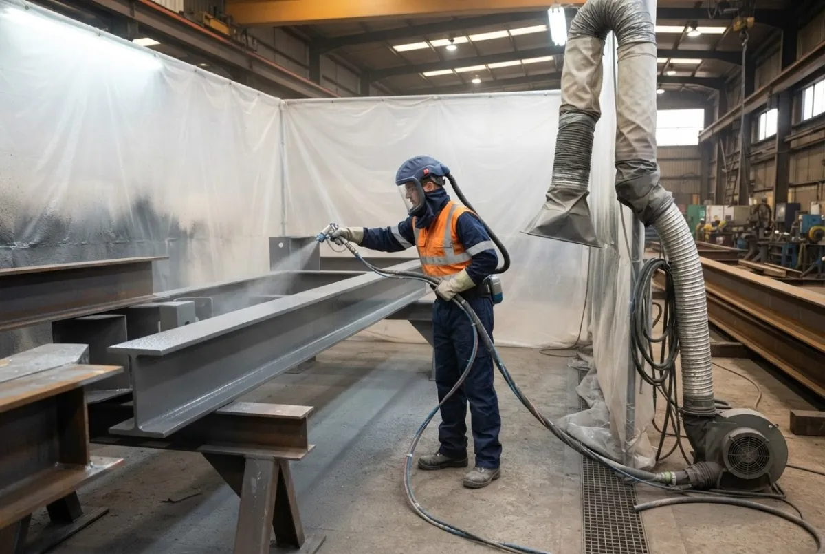 Spray application of protective coating to structural steel inside a containment enclosure at a steelworks