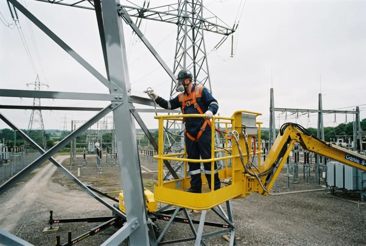 Operative applying corrosion-resistant paint to a power infrastructure gantry from a MEWP with edge protection