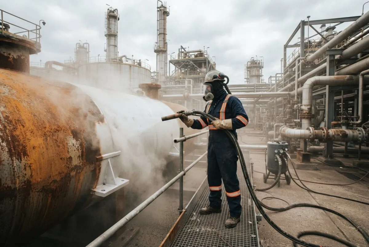 Technician preparing steel vessels and pipework at a petrochemical plant ahead of coating application